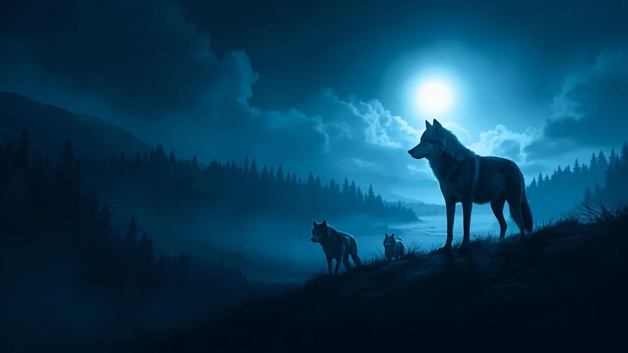 A wolf pack standing on a ridge beneath a moonlit sky